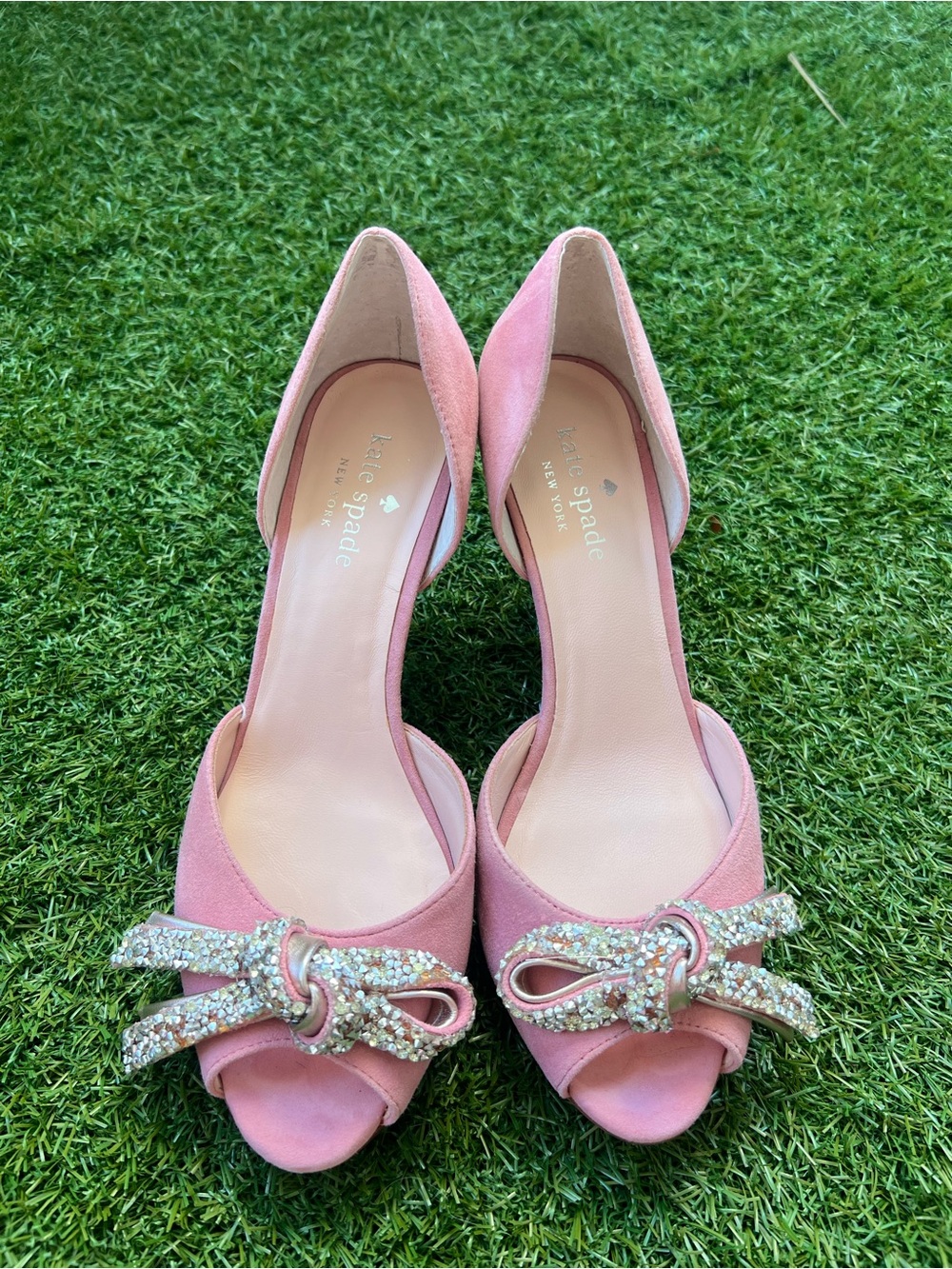 Kate Spade Pink Suede Open-Side Bow Peep-Toe Heels